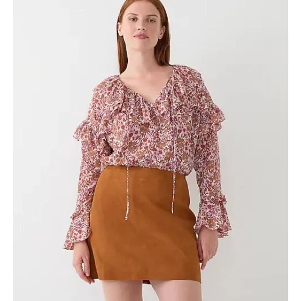 J. Crew Women's Ruffle Crinkle Chiffon Top L In Fete Floral Long Sleeve Boho